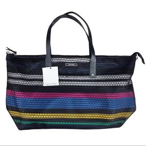 Calvin Klein Black Mesh Striped Colorful Large Tote Crossbody Shoulder Purse